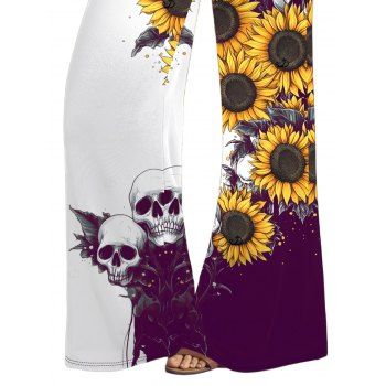 Gothic Women Outfit Monochrome Sunflower Skulls Pattern Butterfly Lace Tank Top and Wide Leg Pants Holiday Two Piece Set