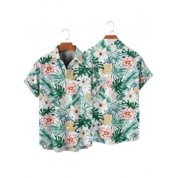 Beach Couple Outfit Tropical Print Tie Shoulder Bikini Triangle See Through Cover 3 Piece Bikini Sets and Button Up Shirt Vacation Matching Outfit
