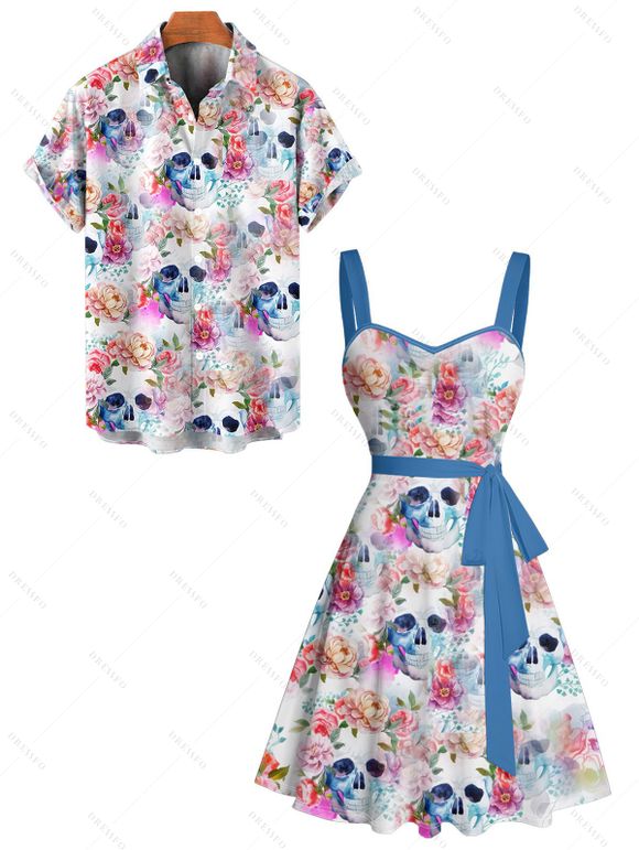 Gothic Couple Outfit Allover Colored Floral Skulls Pattern Ruched Bust Belt Sweetheart Neck Dress and Button Up Shirt Vacation Matching Outfit - Blanc S | US 4