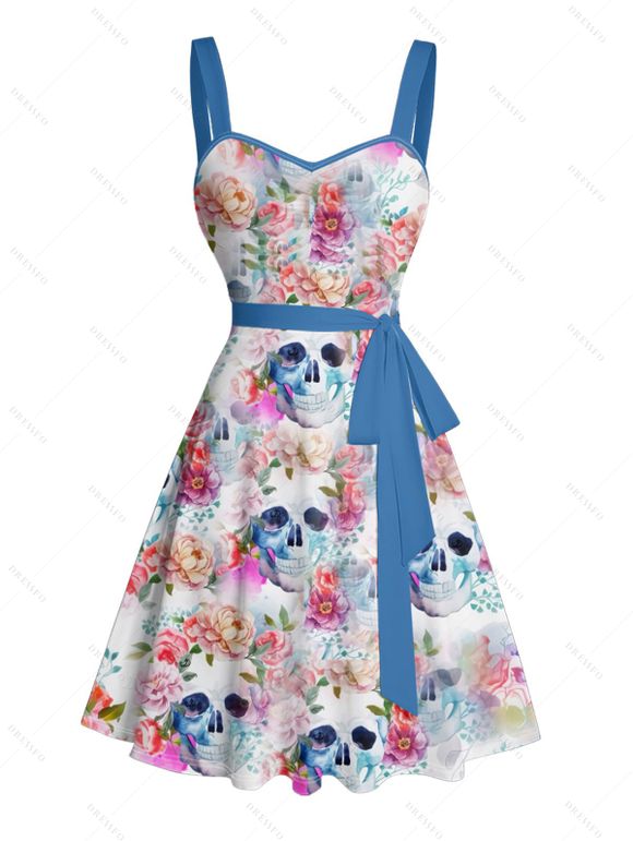 Gothic Couple Outfit Allover Colored Floral Skulls Pattern Ruched Bust Belt Sweetheart Neck Dress and Button Up Shirt Vacation Matching Outfit - Blanc S | US 4