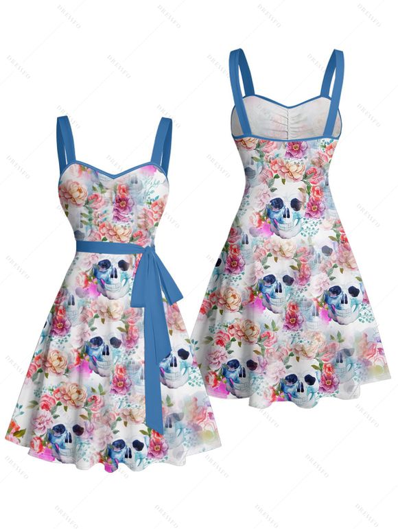 Gothic Couple Outfit Allover Colored Floral Skulls Pattern Ruched Bust Belt Sweetheart Neck Dress and Button Up Shirt Vacation Matching Outfit - Blanc S | US 4