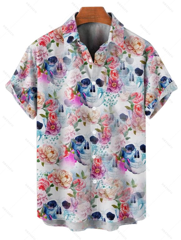 Gothic Couple Outfit Allover Colored Floral Skulls Pattern Ruched Bust Belt Sweetheart Neck Dress and Button Up Shirt Vacation Matching Outfit - Blanc S | US 4