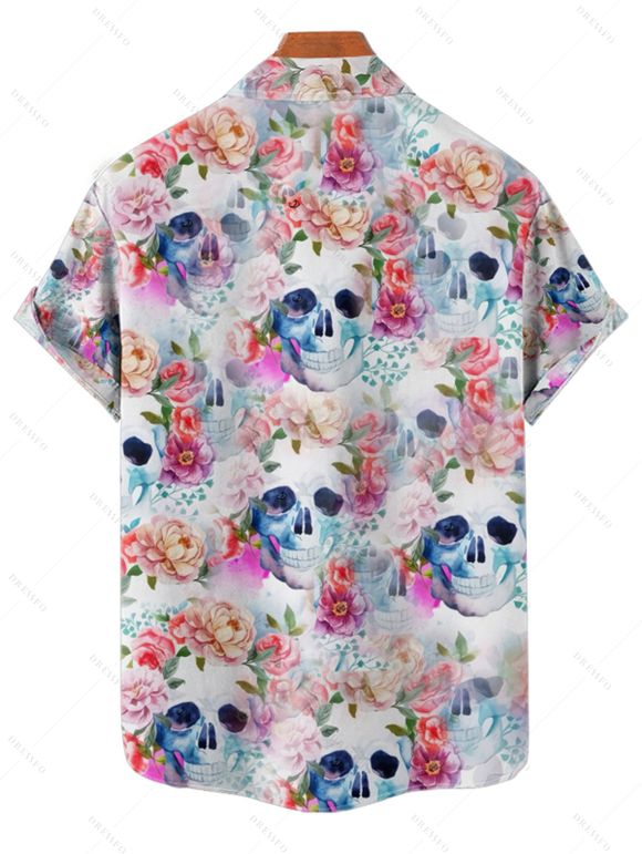 Gothic Couple Outfit Allover Colored Floral Skulls Pattern Ruched Bust Belt Sweetheart Neck Dress and Button Up Shirt Vacation Matching Outfit - Blanc S | US 4