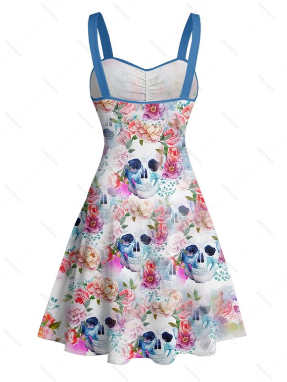 Robe de vacances mini à motif floral coloré et tête de mort, buste froncé, ceinture gothique, décolleté en cœur, coupe trapèze - Blanc XXXL | US 16