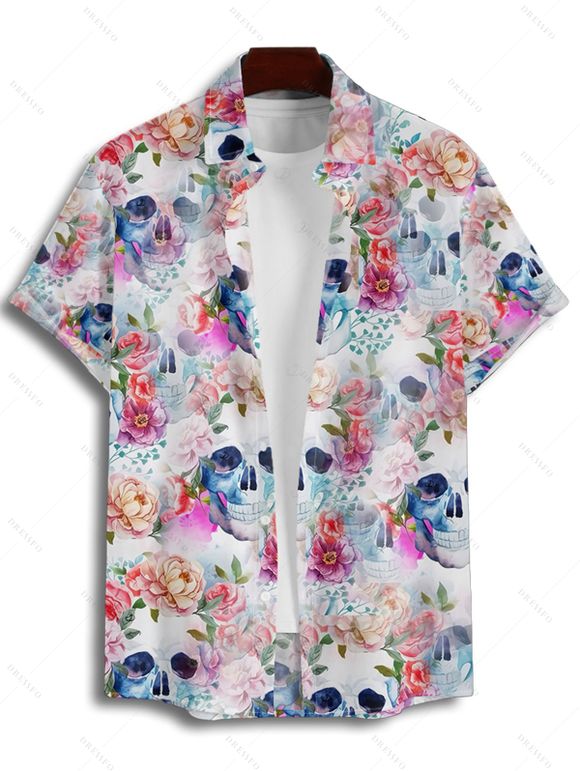 Gothic Couple Outfit Allover Colored Floral Skulls Pattern Ruched Bust Belt Sweetheart Neck Dress and Button Up Shirt Vacation Matching Outfit - Blanc S | US 4