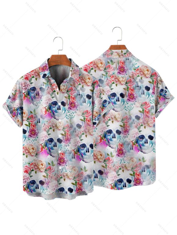 Gothic Couple Outfit Allover Colored Floral Skulls Pattern Ruched Bust Belt Sweetheart Neck Dress and Button Up Shirt Vacation Matching Outfit - Blanc S | US 4