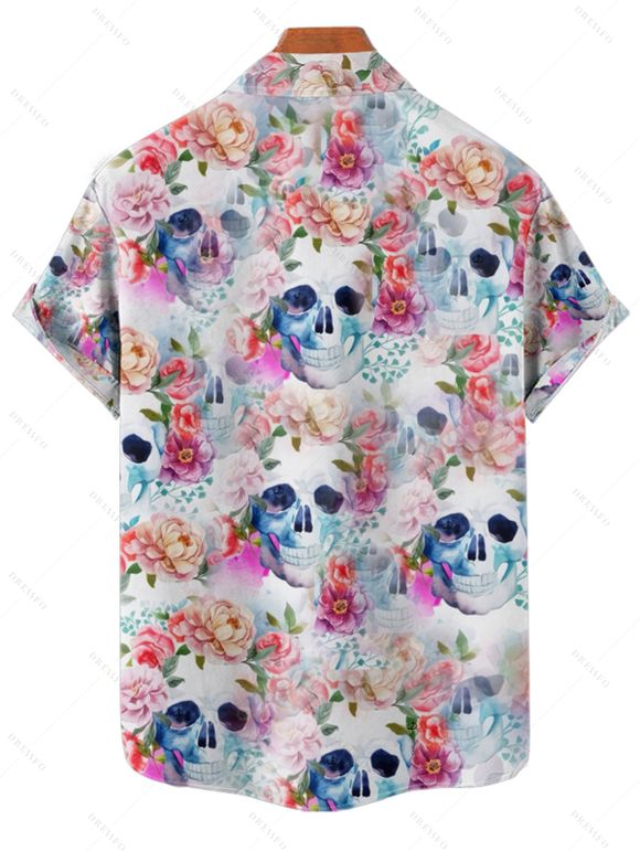 Chemise gothique à manches courtes et boutons pour homme, motif floral coloré et tête de mort, style vacances - Blanc 4XL