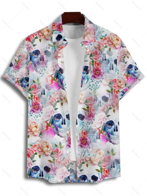 Chemise gothique à manches courtes et boutons pour homme, motif floral coloré et tête de mort, style vacances - Blanc 4XL