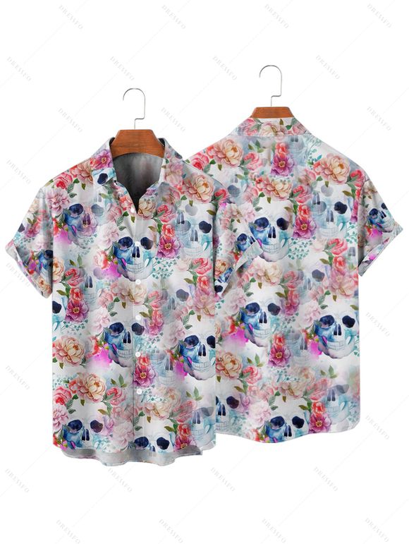 Chemise gothique à manches courtes et boutons pour homme, motif floral coloré et tête de mort, style vacances - Blanc 4XL