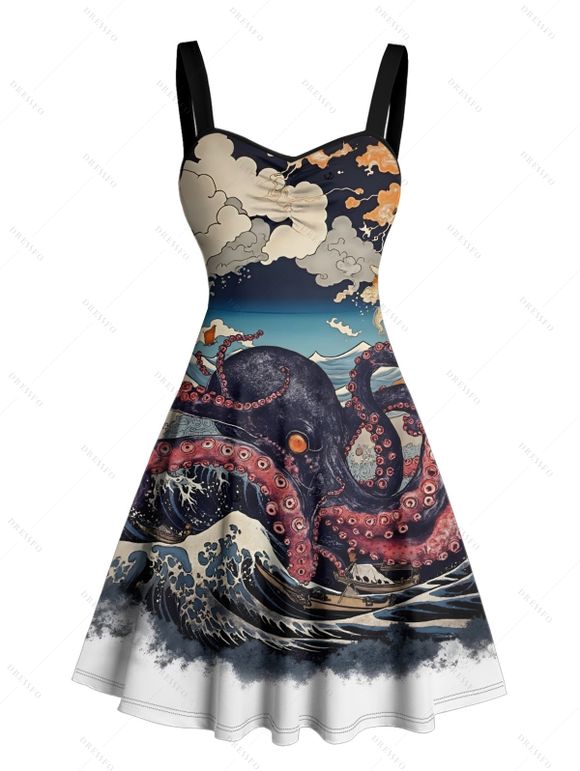 Robe gothique à motif de paysage de vagues de pierre de poulpe, buste froncé, col en cœur, robe de vacances trapèze mini - multicolor XXXXXL | US 20