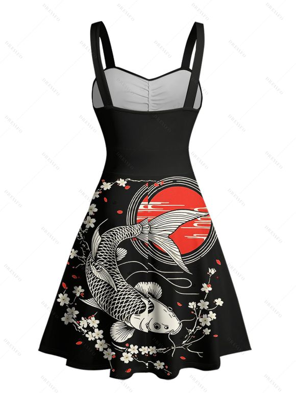 Robe de vacances à motif géométrique en fleur de pêcher, buste froncé, col en cœur, mini robe vintage trapèze - Noir XXXL | US 16