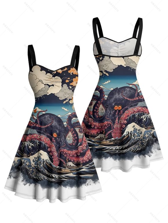 Robe gothique à motif de paysage de vagues de pierre de poulpe, buste froncé, col en cœur, robe de vacances trapèze mini - multicolor XXXL | US 16