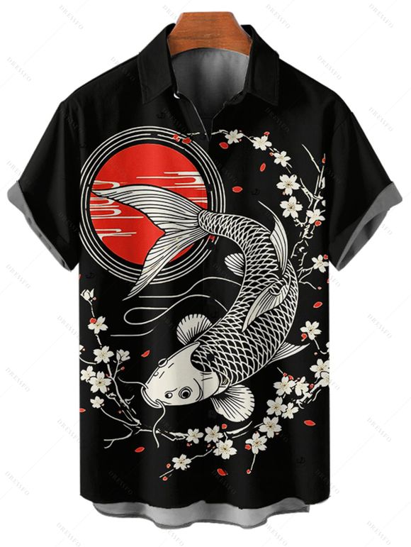 Chemise de vacances à motif géométrique de fleurs de pêcher pour homme, boutonnée, retroussée, manches courtes, style vintage - Noir 5XL