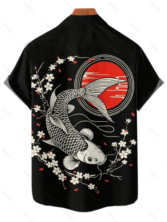 Chemise de vacances à motif géométrique de fleurs de pêcher pour homme, boutonnée, retroussée, manches courtes, style vintage - Noir 4XL