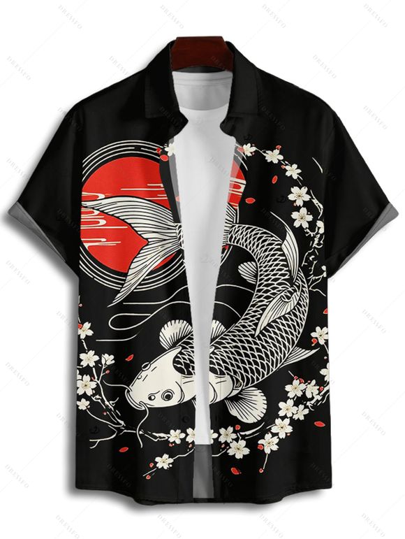 Chemise de vacances à motif géométrique de fleurs de pêcher pour homme, boutonnée, retroussée, manches courtes, style vintage - Noir 4XL