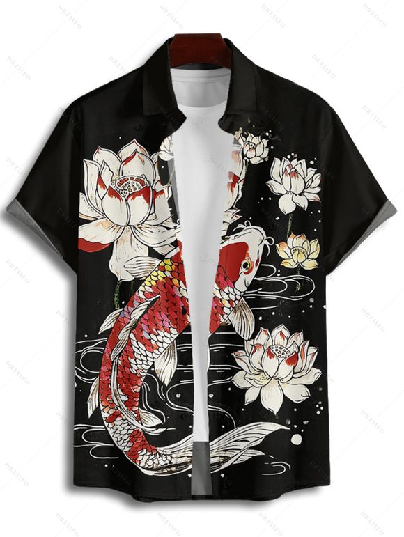 Chemise de vacances à manches courtes et boutons pour homme, style rétro, motif lotus et poisson, décontractée - Noir 4XL