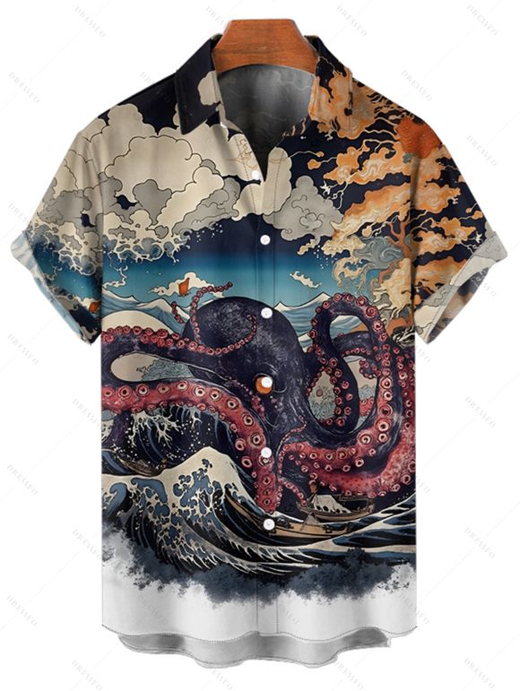 Chemise gothique à manches courtes et boutons pour homme, motif paysage de vagues de pierre de poulpe, chemise de vacances à revers - multicolor 5XL