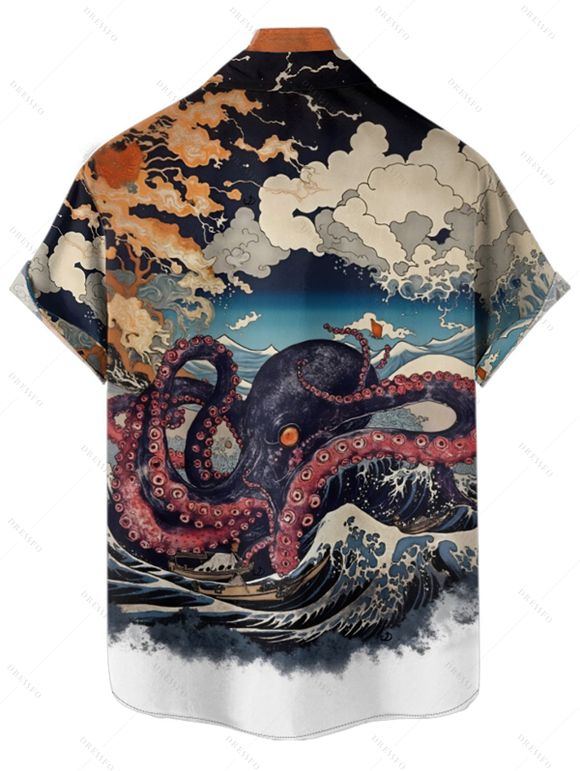 Chemise gothique à manches courtes et boutons pour homme, motif paysage de vagues de pierre de poulpe, chemise de vacances à revers - multicolor 4XL