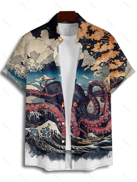 Chemise gothique à manches courtes et boutons pour homme, motif paysage de vagues de pierre de poulpe, chemise de vacances à revers - multicolor 4XL