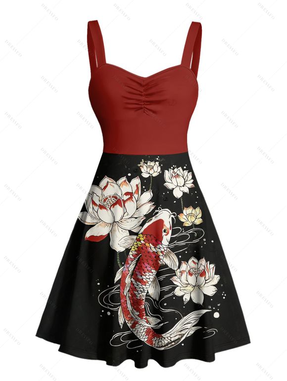 Robe de vacances rétro colorblock à motif de poisson lotus, buste froncé, col en cœur, mini robe décontractée trapèze - Noir XXXXXL | US 20