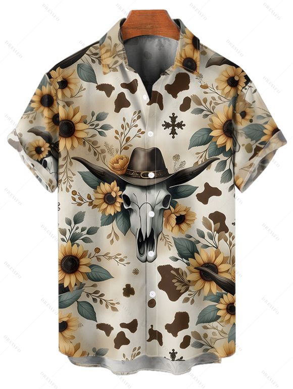 Chemise homme motif tournesol et chapeau de cowboy, style western, vintage, boutonnée, retroussée, manches courtes, idéale pour les vacances - multicolor 5XL