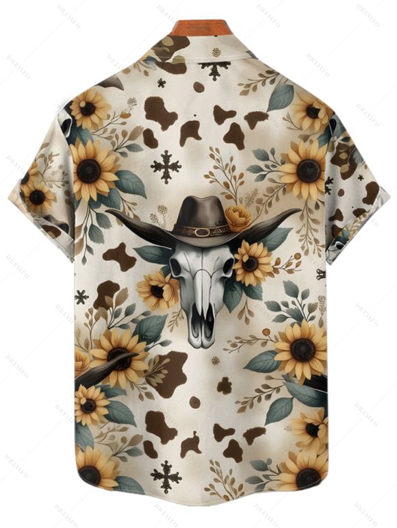 Chemise homme motif tournesol et chapeau de cowboy, style western, vintage, boutonnée, retroussée, manches courtes, idéale pour les vacances - multicolor 4XL