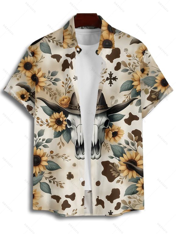 Chemise homme motif tournesol et chapeau de cowboy, style western, vintage, boutonnée, retroussée, manches courtes, idéale pour les vacances - multicolor 4XL