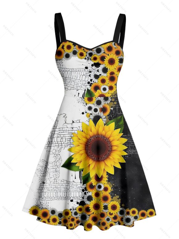 Robe de vacances à motif de feuilles de tournesol de couleur contrastée, buste froncé, col en cœur, mini robe gothique trapèze - Noir XXXXXL | US 20