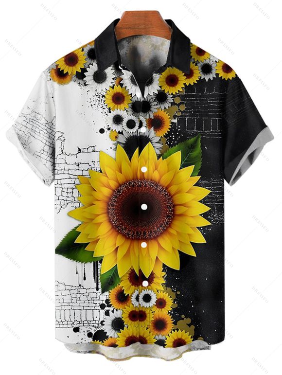 Chemise gothique à manches courtes et boutons pour homme, motif feuilles de tournesol contrastées, style vacances - Noir 5XL
