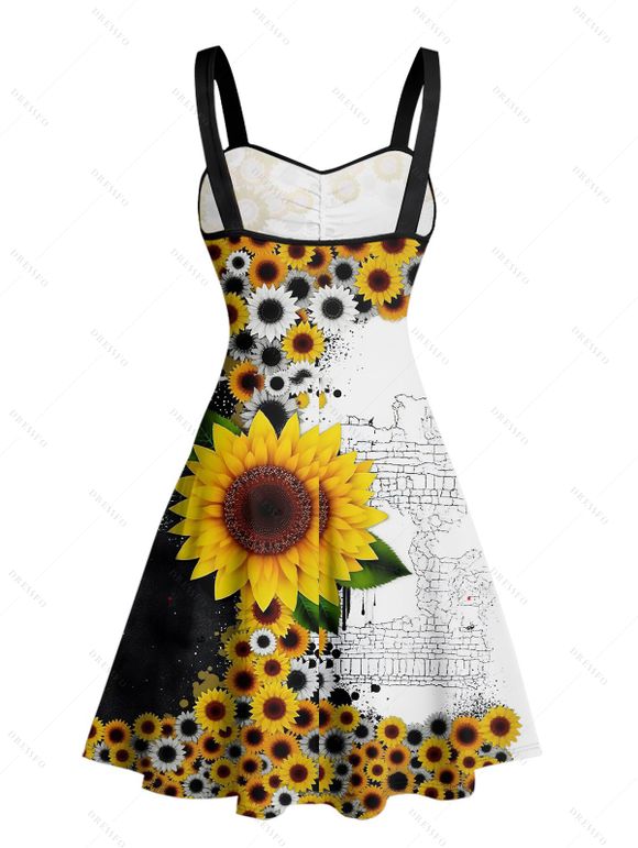 Vacation Couple Outfit Contrast Color Sunflower Leaf Pattern Ruched Bust Sweetheart Neck A Line Mini Dress and Button Up Shirt Gothic Matching Outfit - BLACK S | US 4