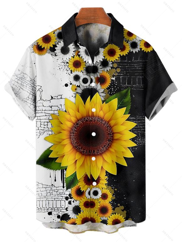 Vacation Couple Outfit Contrast Color Sunflower Leaf Pattern Ruched Bust Sweetheart Neck A Line Mini Dress and Button Up Shirt Gothic Matching Outfit - BLACK S | US 4