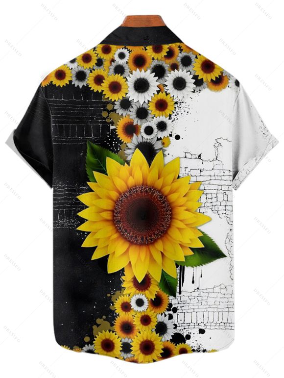 Vacation Couple Outfit Contrast Color Sunflower Leaf Pattern Ruched Bust Sweetheart Neck A Line Mini Dress and Button Up Shirt Gothic Matching Outfit - BLACK S | US 4
