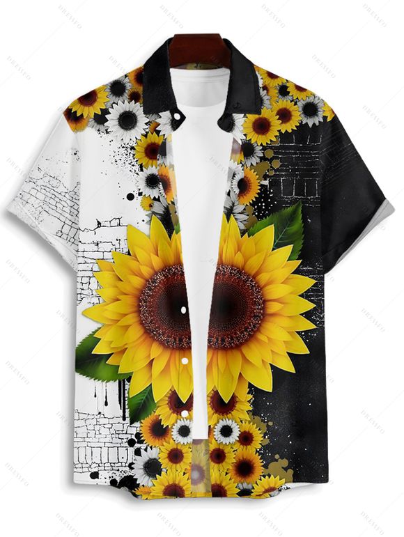 Vacation Couple Outfit Contrast Color Sunflower Leaf Pattern Ruched Bust Sweetheart Neck A Line Mini Dress and Button Up Shirt Gothic Matching Outfit - BLACK S | US 4