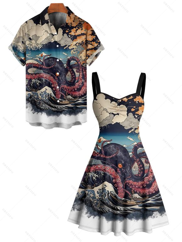 Vacation Couple Outfit Octopus Stone Wave Landscape Pattern Ruched Bust Sweetheart Neck Dress and Button Up Shirt Gothic Matching Outfit - multicolor S | US 4