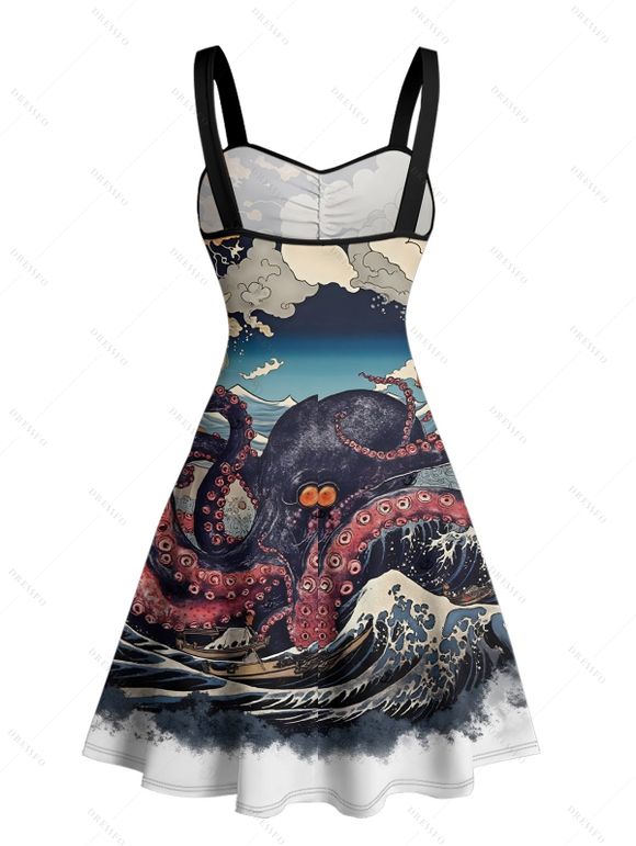 Vacation Couple Outfit Octopus Stone Wave Landscape Pattern Ruched Bust Sweetheart Neck Dress and Button Up Shirt Gothic Matching Outfit - multicolor S | US 4