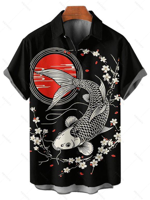 Vacation Couple Outfit Fish Peach Blossom Geometric Pattern Ruched Bust Sweetheart Neck Dress and Button Up Shirt Vintage Matching Outfit - Noir S | US 4