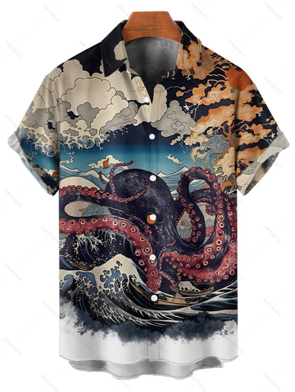 Vacation Couple Outfit Octopus Stone Wave Landscape Pattern Ruched Bust Sweetheart Neck Dress and Button Up Shirt Gothic Matching Outfit - multicolor S | US 4