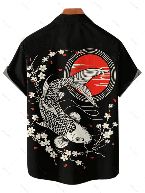 Vacation Couple Outfit Fish Peach Blossom Geometric Pattern Ruched Bust Sweetheart Neck Dress and Button Up Shirt Vintage Matching Outfit - Noir S | US 4