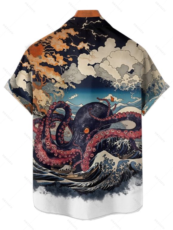 Vacation Couple Outfit Octopus Stone Wave Landscape Pattern Ruched Bust Sweetheart Neck Dress and Button Up Shirt Gothic Matching Outfit - multicolor S | US 4