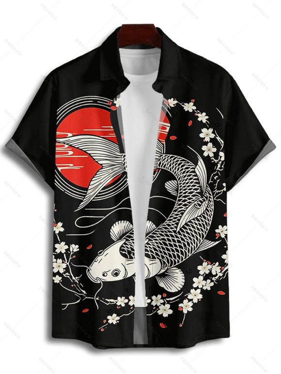 Vacation Couple Outfit Fish Peach Blossom Geometric Pattern Ruched Bust Sweetheart Neck Dress and Button Up Shirt Vintage Matching Outfit - Noir S | US 4