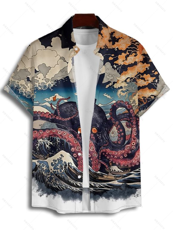 Vacation Couple Outfit Octopus Stone Wave Landscape Pattern Ruched Bust Sweetheart Neck Dress and Button Up Shirt Gothic Matching Outfit - multicolor S | US 4