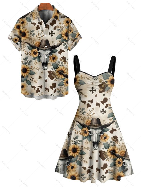Vacation Couple Outfit Sunflower Leaf Skull with Cowboy Hat Western Style Pattern Ruched Bust Dress and Button Up Shirt Vintage Matching Outfit - multicolor S | US 4