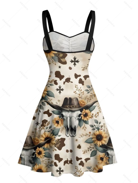 Vacation Couple Outfit Sunflower Leaf Skull with Cowboy Hat Western Style Pattern Ruched Bust Dress and Button Up Shirt Vintage Matching Outfit - multicolor S | US 4