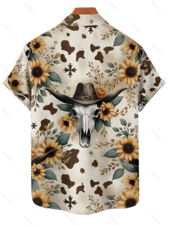 Vacation Couple Outfit Sunflower Leaf Skull with Cowboy Hat Western Style Pattern Ruched Bust Dress and Button Up Shirt Vintage Matching Outfit - multicolor S | US 4