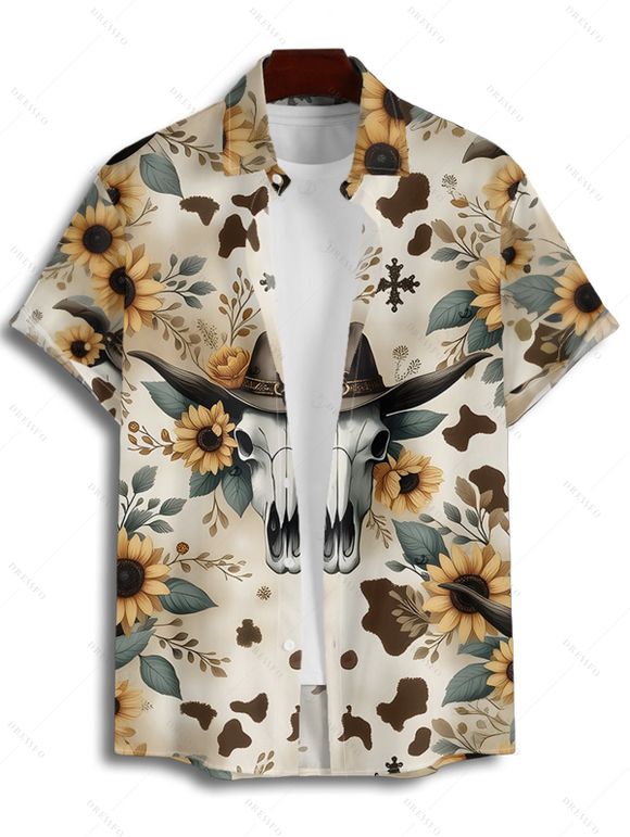 Vacation Couple Outfit Sunflower Leaf Skull with Cowboy Hat Western Style Pattern Ruched Bust Dress and Button Up Shirt Vintage Matching Outfit - multicolor S | US 4