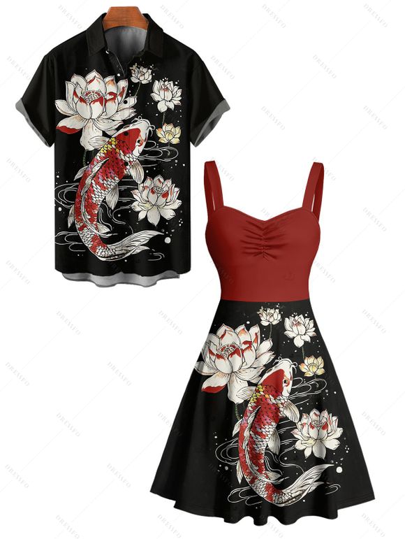 Vacation Couple Outfit Colorblock Retro Style Lotus Fish Pattern Ruched Bust Sweetheart Neck A Line Mini Dress and Button Up Shirt Matching Outfit - Noir S | US 4