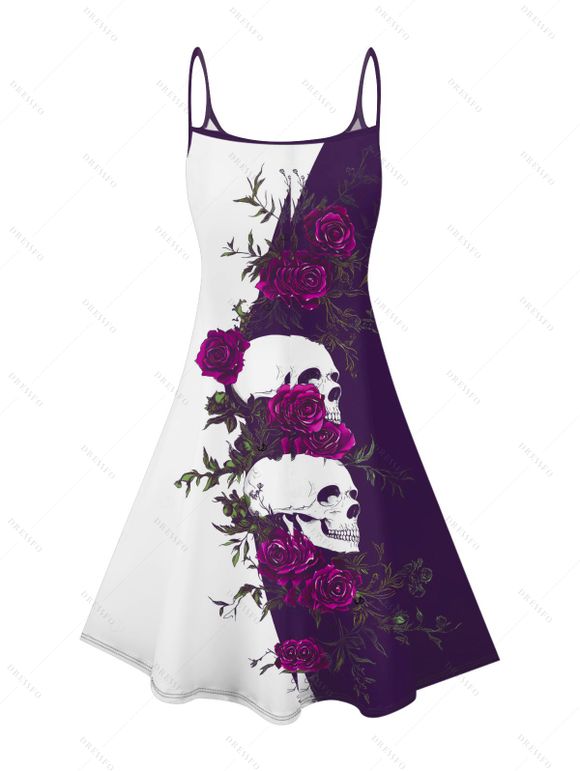 Monochrome Rose Skulls Pattern Gothic Dress Spaghetti Strap V Neck A Line Mini Holiday Tank Dress - CONCORD L | US 8-10