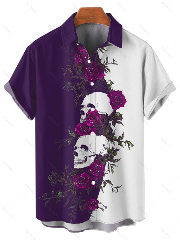 Men's Monochrome Rose Skulls Pattern Gothic Shirt Button Up Roll Up Short Sleeve Holiday Shirt - CONCORD 2XL