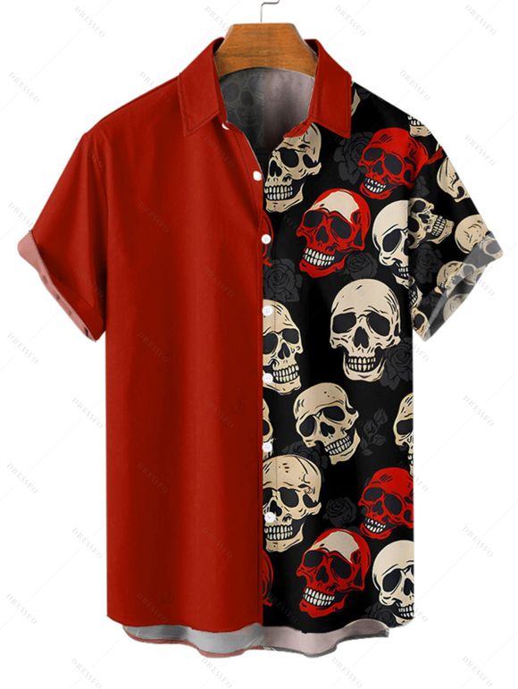 Chemise gothique à manches courtes et boutons pour homme, imprimé tête de mort rétro, style rétro, style vacances - Noir 5XL