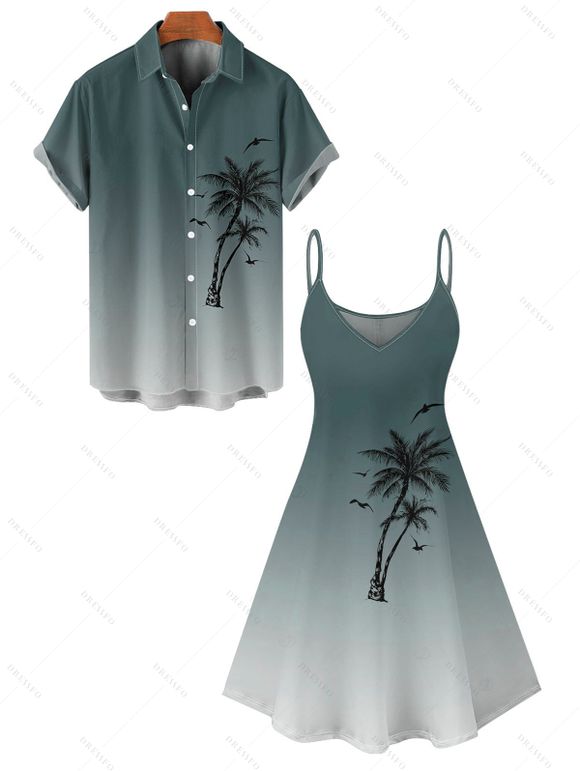 Vacation Couple Outfit Ombre Palm Tree Pattern Spaghetti Strap V Neck A Line Mini Tank Dress and Button Up Shirt Casual Matching Outfit - Vert profond S | US 4